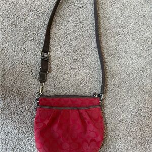 Coach Red Signature Jacquard Crossbody with Adjustable Brown Strap